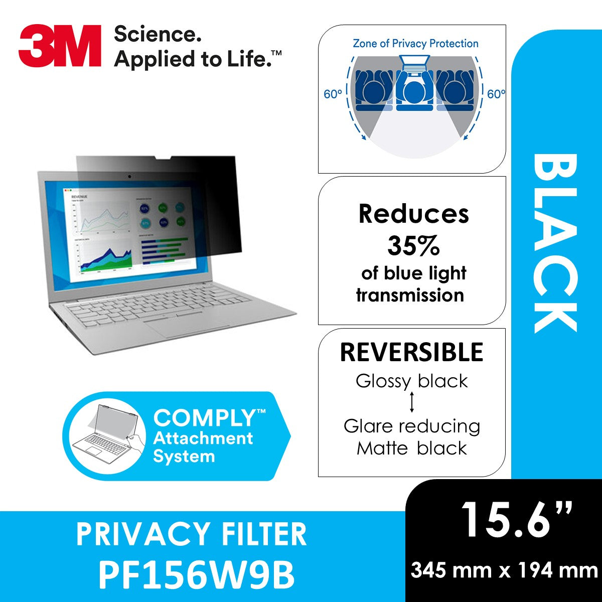 3M Privacy Filter for 15.6" Widescreen Laptop with COMPLY Attachment System (16:9 aspect ratio) 34