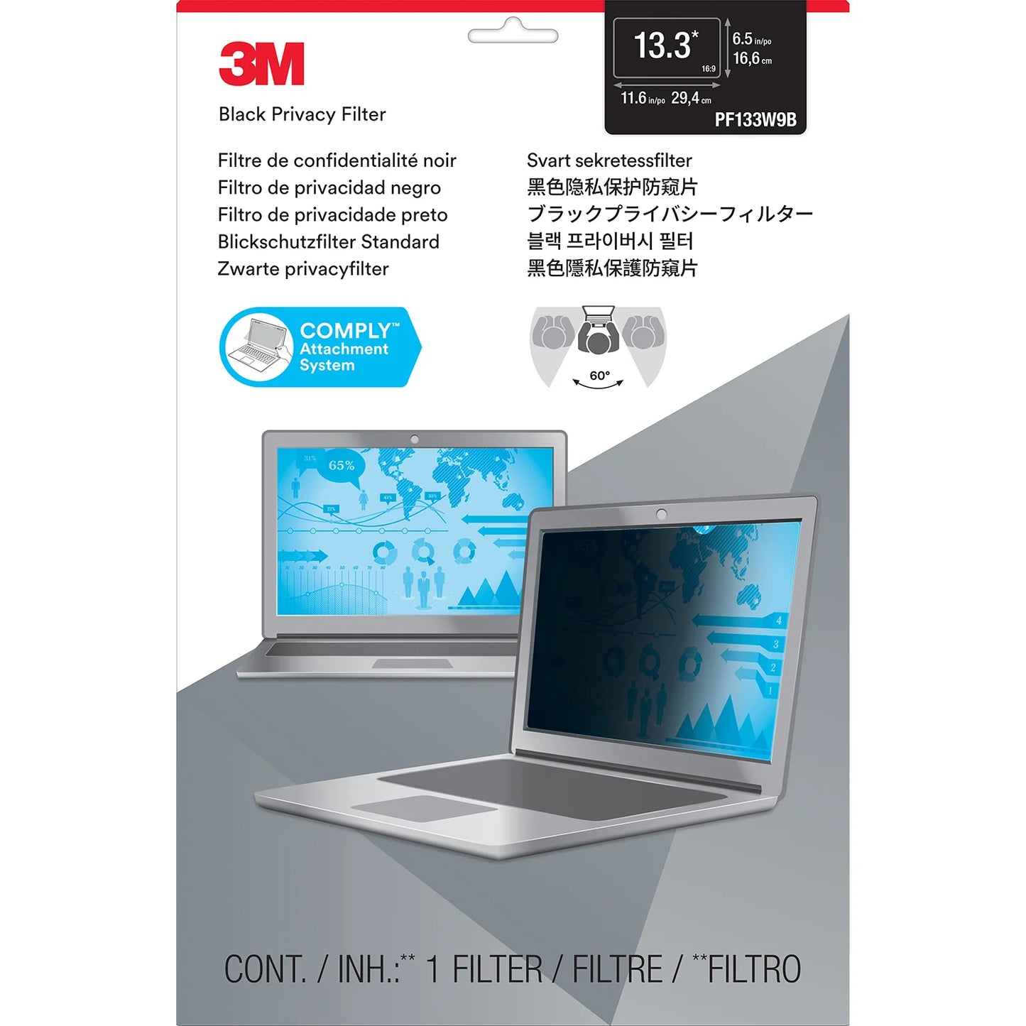 3M Privacy Filter for 13.3" Widescreen Laptop with COMPLY Attachment System (16:9 aspect ratio) 29